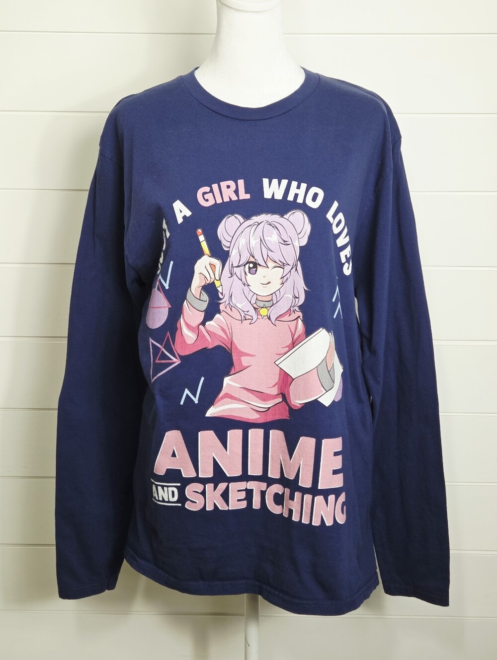 Navy Long-Sleeve Anime & Sketching Graphic Tee Size M